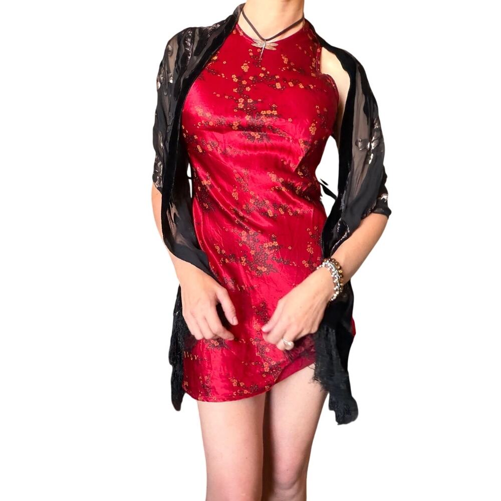 Vintage Red Satin Cherry Blossom Mini Dress Y2K Asian Inspired Fairy Glam